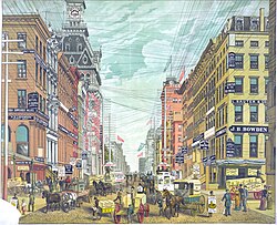 In 1885, the Broadway commercial district was overrun with telephone, telegraph, and electrical lines. This view was north from Cortlandt and Maiden Lane.