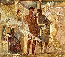 First-century AD Roman fresco from Pompeii showing the virgin Hippolytus spurning the advances of his stepmother Phaedra, whom Aphrodite caused to fall in love with him in order to bring about his tragic death.[208]