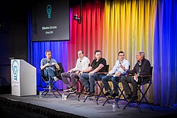 Panel with Nick Bostrom, Elon Musk, Nate Soares, and Stuart Russell during EA Global 2015