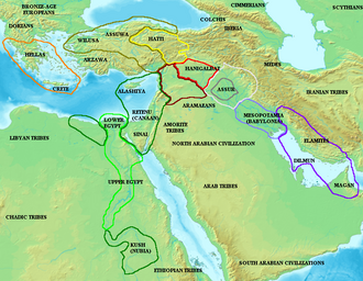 Map of the ancient Near East during the Amarna period, showing the great powers of the period: Egypt (green), Mycenaean Greece (orange), Hatti (yellow), the Kassite kingdom of Babylon (purple), Assyria (grey), and Mitanni (red). Lighter areas show direct control, darker areas represent spheres of influence.