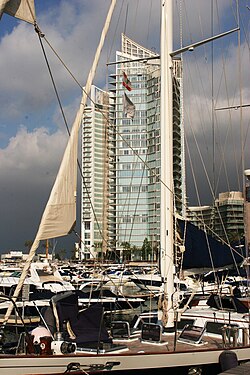 Boats docked in front of the Marina Towers