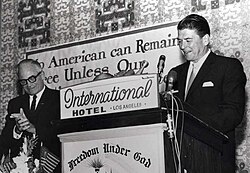 Ronald Reagan speaks in support of Republican presidential candidate Barry Goldwater during the 1964 presidential campaign.