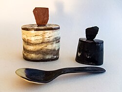 Swedish horn craft, small boxes and a teaspoon made in the 1980s from cattle horns.