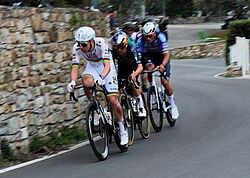 Pogačar leading Tom Pidcock and Mathieu van der Poel at the 2026 Milan–San Remo