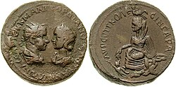 Tyche on the reverse of this base metal coin by Gordian III (r. 238 – 244 AD)