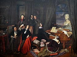 Josef Danhauser's 1840 painting Liszt at the Piano featuring Franz Liszt at the piano surrounded by (from left to right) Alexandre Dumas, Hector Berlioz, George Sand, Niccolò Paganini, Gioachino Rossini, and Marie d'Agoult with a bust of Ludwig van Beethoven on the piano
