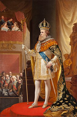 An 1872 portrait of Emperor Pedro II of Brazil, holding the very large Imperial Sceptre and invested with other items of the Brazilian Crown Jewels