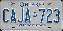 An Ontario licence plate with the slogan Yours to Discover at the bottom of the plate