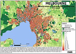Melbourne population density by mesh blocks (MB), according to the 2016 census.