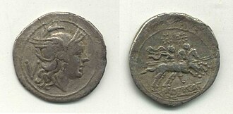 A quinarius of 90 BC of L. Calpurnius Piso Frugi: Obv.: head of Roma right in a winged helmetq; V (asses) for quinarius. Rev.: Dioscuri riding right, stars above heads; ROMA below.
