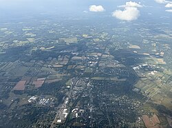 Aerial view of central Hopewell Township; the northern portion of Pennington Borough, an enclave within the township, is in the foreground
