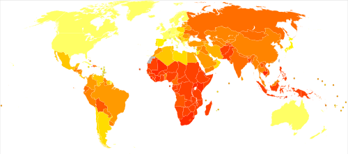 Age-standardized disability-adjusted life years caused by tuberculosis per 100,000 inhabitants, 2004:[159] no data ≤10 10–25 25–50 50–75 75–100 100–250 250–500 500–750 750–1000 1000–2000 2000–3000 ≥ 3000