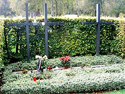 The grave of Hans Scholl, Sophie Scholl and Christoph Probst in the Perlacher Forst cemetery, near Stadelheim prison in Munich.