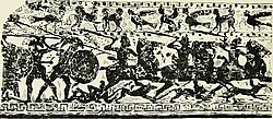 A battle between the Cimmerians and the Greeks, as depicted on a Pontic plate: Cimmerian cavalry and their war dogs fighting against Greek hoplites