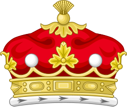 Illustration of a coronet shown from the side with three strawberry leaves and two silver balls visible