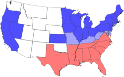 Map of the division of the states during the Civil War. Blue represents Union states, including those admitted during the war; light blue represents southern border states; red represents Confederate states. Unshaded areas were not states before or during the Civil War.