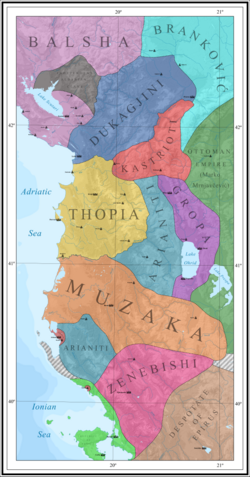 Albanian principalities, c. 1390, excluding the Despotate of Arta