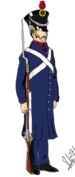 Uniform of an infantryman of the Bogota and Vencedores en Boyacá battalions of the Gran Colombian Army at the Battle of Ayacucho