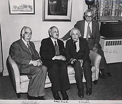 Bohr (left) with James Franck, Albert Einstein and Isidor Isaac Rabi, 1954.