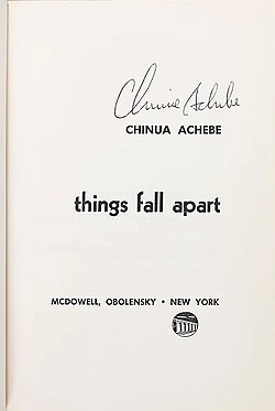 Things Fall Apart by Igbo author Chinua Achebe is often considered a literary masterpiece, and one of the greatest works of Nigerian literature.[4][5][6]