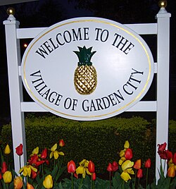 A welcome sign in Garden City in Nassau County on Long Island