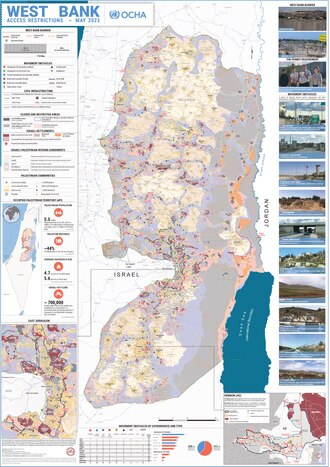 Map of Israeli settlements and Area C (magenta and blue), 2023