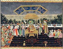The Persian king Nader Shah seated upon the Peacock Throne with members of the court, after his victory at the Battle of Karnal