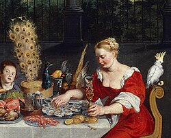 A peacock served in full plumage (detail of the Allegory of Taste, Hearing and Touch by Jan Brueghel the Elder, 1618)