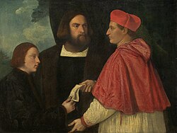 Girolamo and cardinal Marco Cornaro investing Marco, abbot of Carrara, with his benefice. Titian, c. 1520