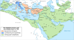 Umayyad Caliphate (green) with its capital in Damascus around 740