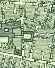 1862 map showing layout of the College (labelled Herald Off.). Carter Lane and Upper Thames Street can be seen running parallel to the north and south of the College, respectively. St Benet's, Paul's Wharf, the official church of the College since 1555, can be seen to the south west.