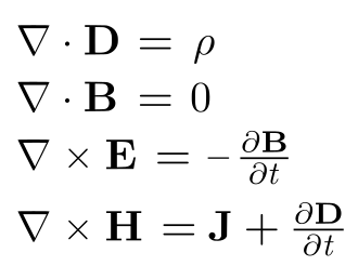Maxwell's equations in their differential form, as commonly presented today. These four relations, which Maxwell assembled in the 1860s, unified electricity, magnetism, and optics into a single theory and predicted the existence of electromagnetic waves travelling at the speed of light.
