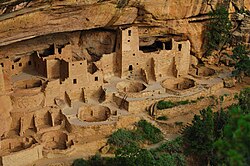 Cliff Palace, a settlement of ancestors of the Native American Pueblo peoples in present-day Montezuma County, Colorado, built between c. 1200 and 1275[36]
