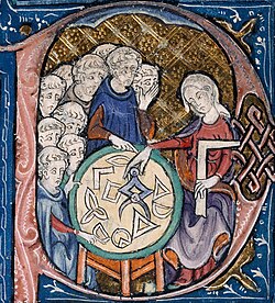 Medieval Christians believed that to seek the geometric, physical and mathematical principles that govern the world was to seek and worship God. Detail of a scene in the bowl of the letter 'P' with a woman with a set-square and dividers; using a compass to measure distances on a diagram. In her left hand she holds a square, an implement for testing or drawing right angles. She is watched by a group of students. In the Middle Ages, it is unusual to see women represented as teachers, in particular when the students appear to be monks. She is most likely the personification of Geometry, based on Martianus Capella's famous book De Nuptiis Philologiae et Mercurii [5th c.], a standard source for allegorical imagery of the seven liberal arts. Illustration at the beginning of Euclid's Elementa, in the translation attributed to Adelard of Bath.