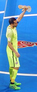 Bravo holding the Golden Glove award at the 2017 Confederations Cup