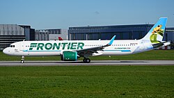 Frontier Airlines Airbus A321neo in one of the airline's many animal liveries, with this tail featuring the coquí llanero (pictured in 2023)
