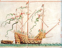The Tudor navy carrack Henry Grace à Dieu (launched 1514) as depicted in the 1546 Anthony Roll, with St George's Cross displayed on the streamers.[3]