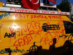 An NTV news van covered in anti-AKP protest graffiti in response to their initial lack of coverage of the Gezi Park protests in 2013