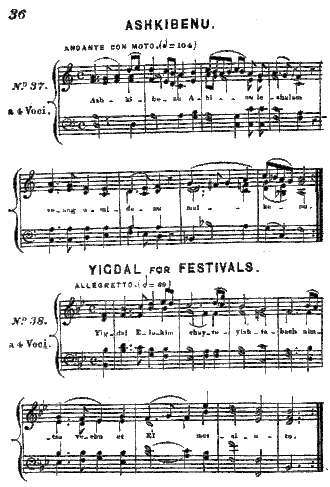 Ashkibenu (Hashkiveinu) and Yigdal from the Spanish and Portuguese Jews' Congregation in London, harmonised by Emanuel Aguilar.