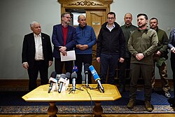 Zelenskyy with Polish Prime Minister Mateusz Morawiecki, Czech Prime Minister Petr Fiala, Slovenian Prime Minister Janez Janša and Deputy Prime Minister of Poland Jarosław Kaczyński, Kyiv, 15 March