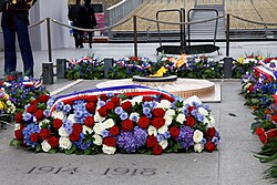 A wreath laid by president Nicolas Sarkozy in front of the Tomb of the Unknown Soldier in Paris, France, on the 93rd anniversary of the armistice