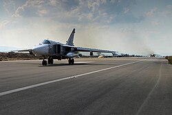 A Russian military aircraft in Khmeimim Air Base, one of Russia's main bases of operation in Syria