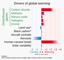 Aerosols have a cooling effect that is small compared to the radiative forcing (warming effect) of greenhouse gases.[314]