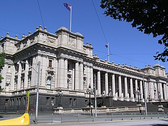 The Victorian Parliament House, built in 1856, stands in Spring Street, Melbourne. The building was intended to be finished with a dome, but was not completed due to budget constraints.
