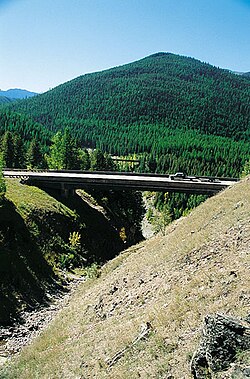 Mountain goats used to cross US Route 2 to reach a salt lick on the other side of the canyon. Now they can get there via rocky passageways underneath these bridges, shielded from view by tree cover and the steep hillside.