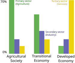 On the three-sector theory, the proportion of people working in agriculture (left-hard bar in each group, green) falls as an economy becomes more developed.