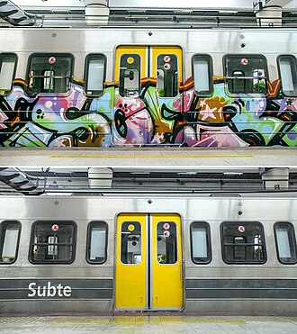 Graffiti before and after removal on a 100 Series car.