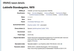 Example genus-level taxon page on IRMNG, December 2023