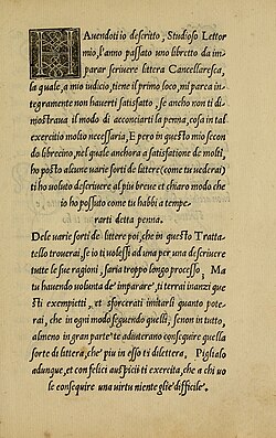 A page from La Operina by Ludovico Vicentino degli Arrighi, showing early "chancery italic" typeface