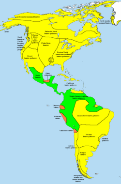 A map of subsistence methods in the Americas, including North America, as of 1000 BCE